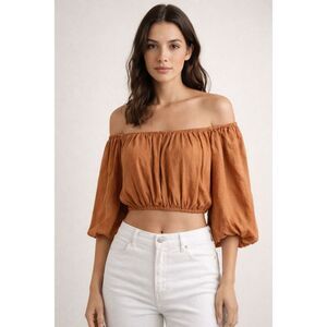 Favlux Off Shoulder Boho Crop Top Small Rust Peasant Blouse NWT